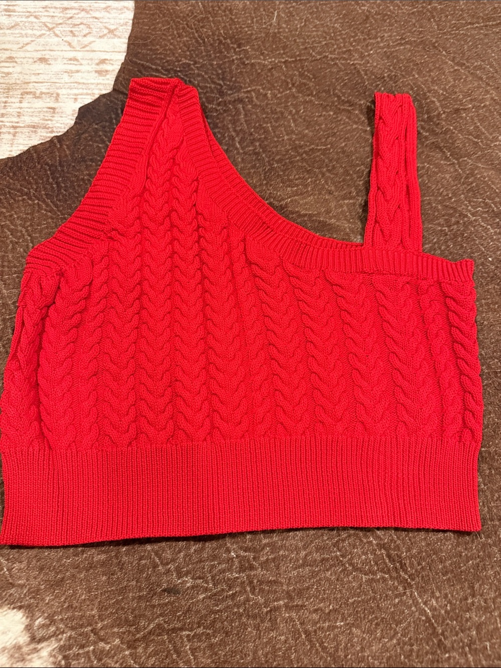 Asymmetric Red Cable-Knit Crop Tank